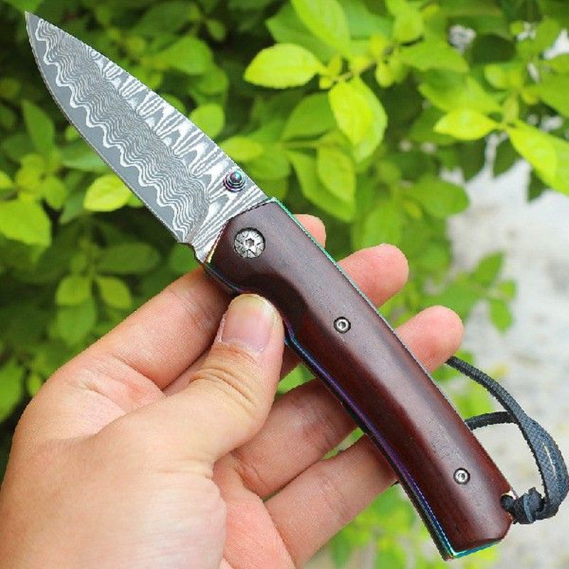 Damascus Ebony Folding Knife For Camping Outdoors