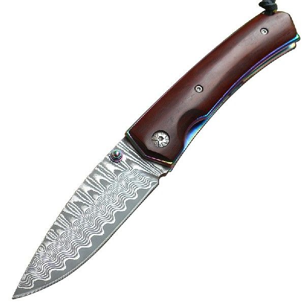 Damascus Ebony Folding Knife For Camping Outdoors