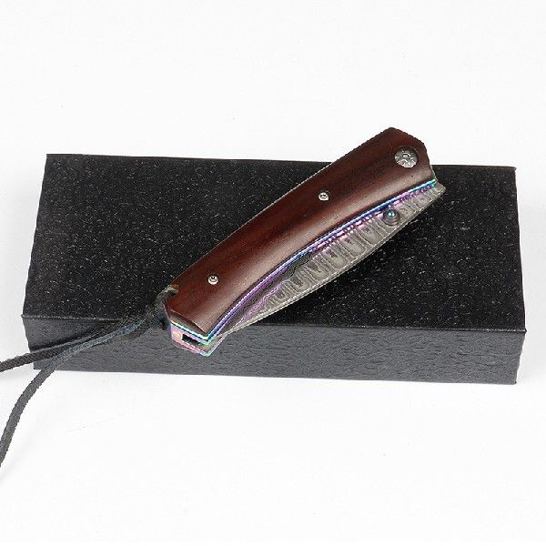 Damascus Ebony Folding Knife For Camping Outdoors