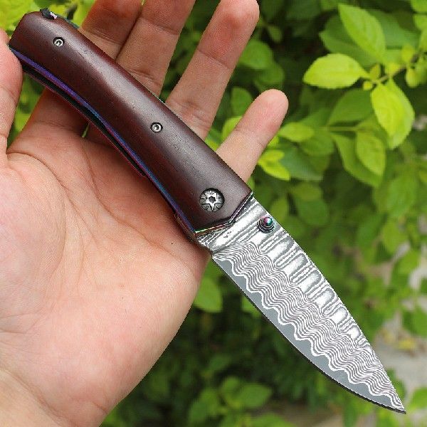 Damascus Ebony Folding Knife For Camping Outdoors